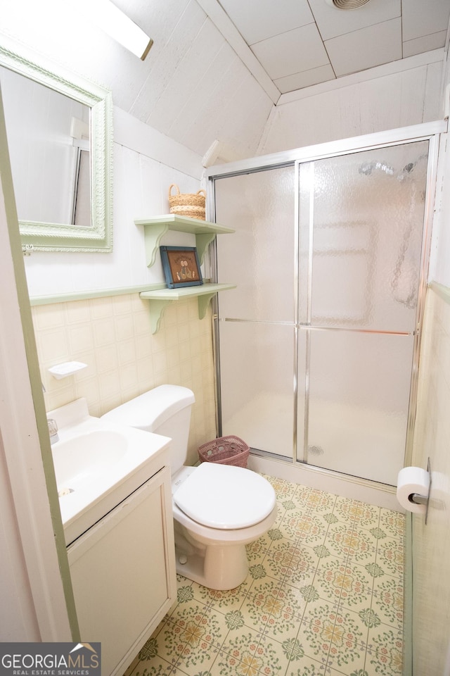 3530 Refuge Rd, Jasper, GA 30143 - bathroom with a shower stall, lofted ceiling, vanity, toilet, and tile patterned floors