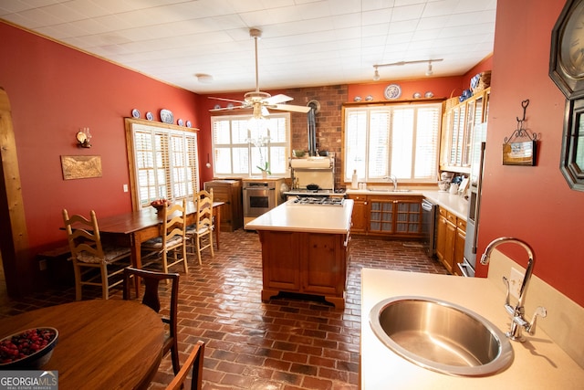 3530 Refuge Rd, Jasper, GA 30143 - kitchen with a wood stove, brick floors, a sink, and stainless steel appliances