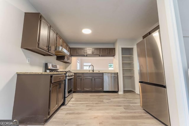 kitchen featuring appliances with stainless steel finishes, under cabinet range hood, a sink, light wood-style flooring, and recessed lighting