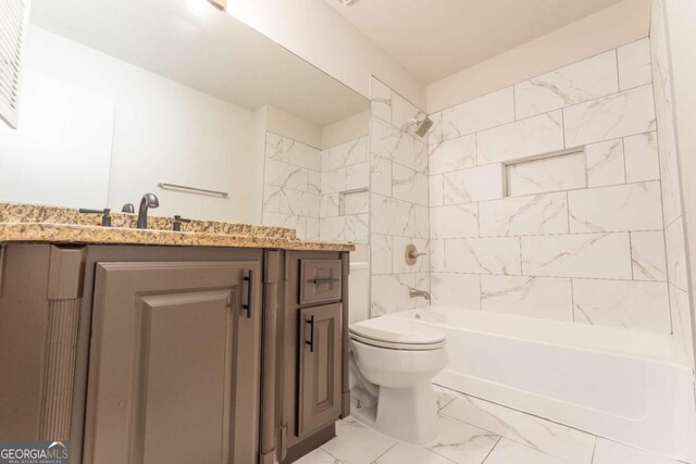 full bathroom with toilet, marble look tile flooring, bathtub / shower combination, and vanity