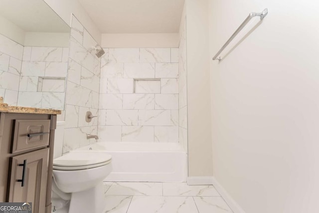 bathroom with toilet, marble look tile flooring, shower / bath combination, baseboards, and vanity
