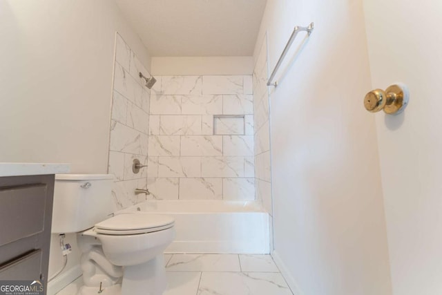 bathroom with marble finish floors, toilet,  shower combination, vanity, and baseboards