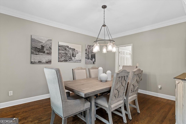 235 Foxley Way, Roswell, GA 30075 - dining area featuring a chandelier, ornamental molding, baseboards, and dark wood-style floors