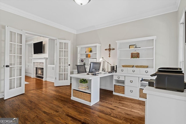 235 Foxley Way, Roswell, GA 30075 - office area with crown molding, french doors, dark wood-style floors, and a glass covered fireplace