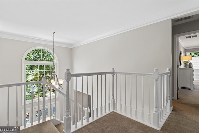 235 Foxley Way, Roswell, GA 30075 - hallway featuring carpet floors, an upstairs landing, and ornamental molding