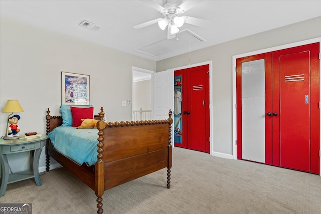 235 Foxley Way, Roswell, GA 30075 - bedroom featuring attic access, light colored carpet, baseboards, two closets, and ceiling fan