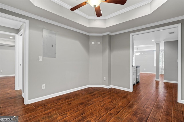 235 Foxley Way, Roswell, GA 30075 - empty room featuring electric panel, a ceiling fan, dark wood-type flooring, baseboards, and a raised ceiling
