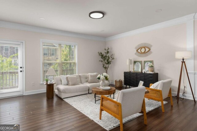 living area featuring ornamental molding, dark wood-style flooring, and baseboards