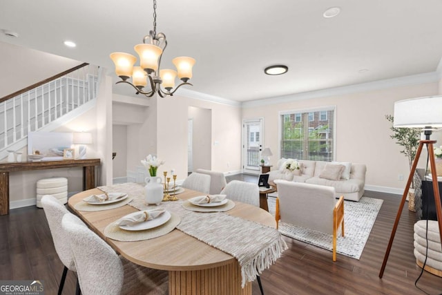 dining space with ornamental molding, stairs, baseboards, wood finished floors, and a chandelier