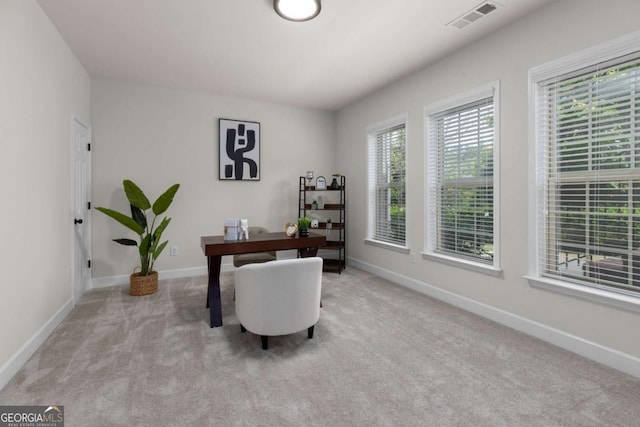 home office featuring carpet, plenty of natural light, and baseboards