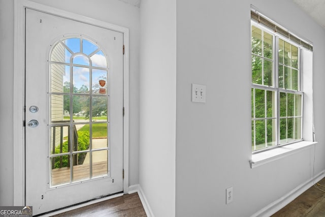 doorway to outside with baseboards and dark wood-type flooring