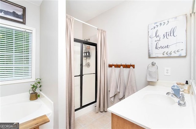 59 Creekside Blf, Hiram, GA 30141 - bathroom with a stall shower, a bath, and vanity