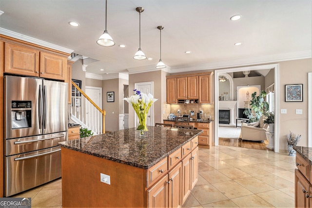 127 Courts Of Hampton, Hampton, GA 30228 - kitchen featuring stainless steel fridge, ornamental molding, light tile patterned floors, decorative backsplash, and dark stone counters