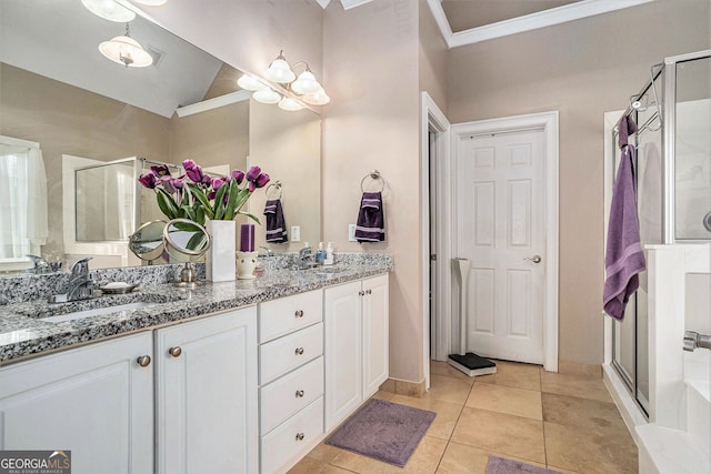 127 Courts Of Hampton, Hampton, GA 30228 - bathroom featuring a shower stall, double vanity, ornamental molding, tile patterned floors, and lofted ceiling