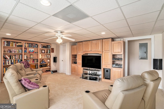 127 Courts Of Hampton, Hampton, GA 30228 - living room with light carpet, a ceiling fan, electric panel, a paneled ceiling, and recessed lighting