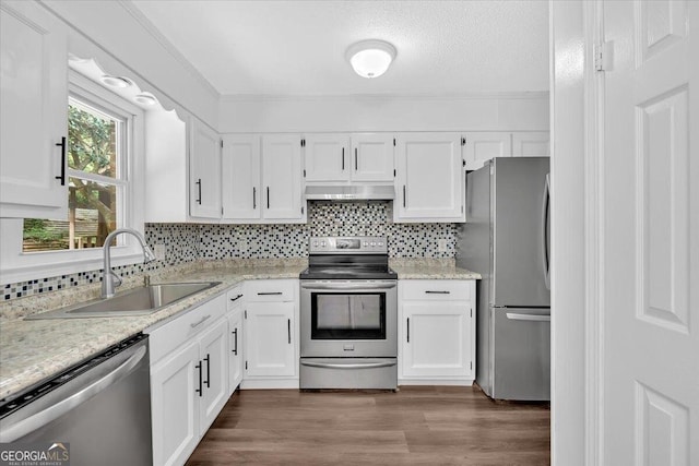 kitchen featuring appliances with stainless steel finishes, a sink, white cabinets, under cabinet range hood, and ornamental molding