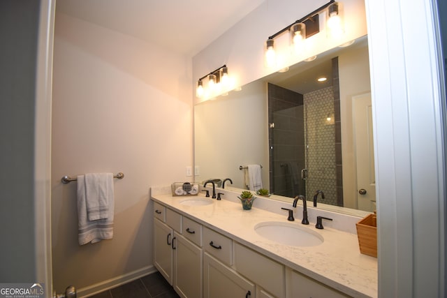 756 Cady Way, Atlanta, GA 30312 - full bathroom with double vanity, a shower stall, baseboards, and tile patterned flooring