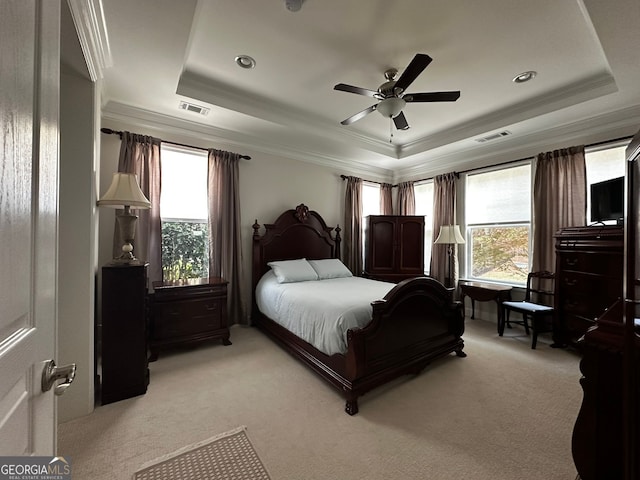 3127 White Magnolia Chase SW, Gainesville, GA 30504 - bedroom with a tray ceiling, light carpet, multiple windows, ornamental molding, and recessed lighting