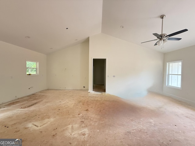 empty room with lofted ceiling and ceiling fan