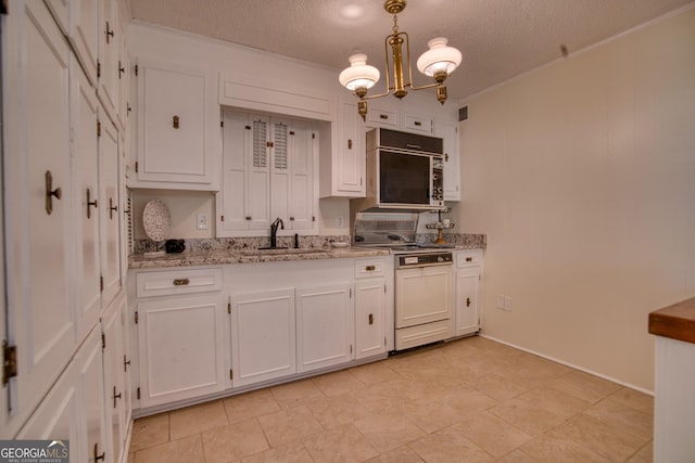12 Riverview Rd SE, Rome, GA 30161 - kitchen featuring stove, a sink, white cabinets, ornamental molding, and a textured ceiling