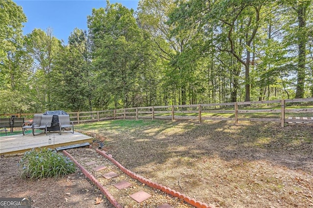 fenced backyard featuring a deck