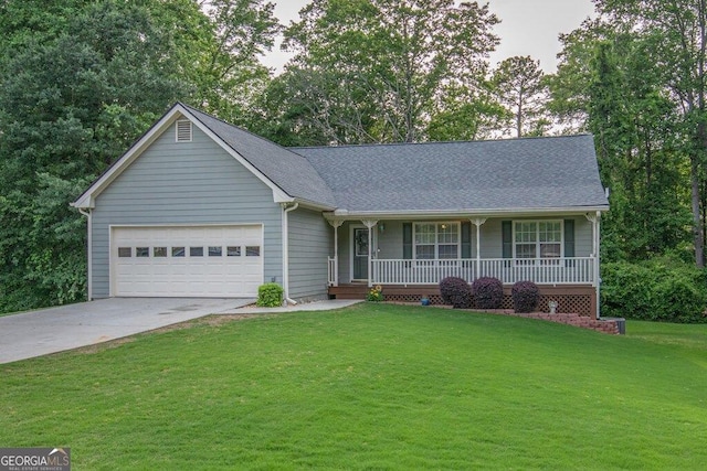 399 Towler Drs, Loganville, GA 30052 - ranch-style house with a porch, an attached garage, concrete driveway, a front yard, and a shingled roof