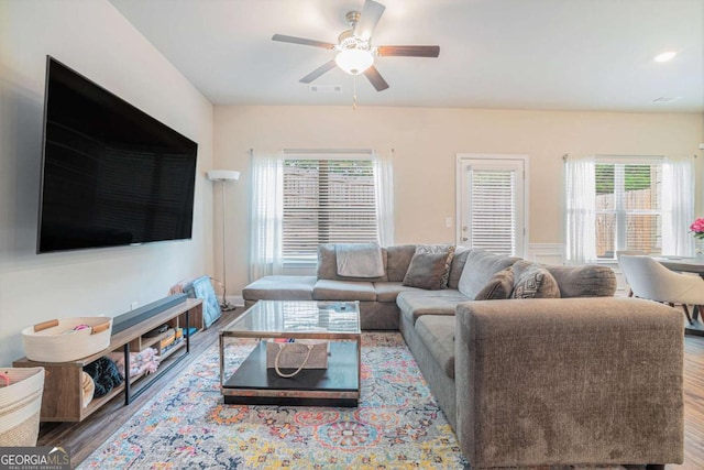 450 Rockfern Ct, Lilburn, GA 30047 - living area featuring ceiling fan and wood finished floors
