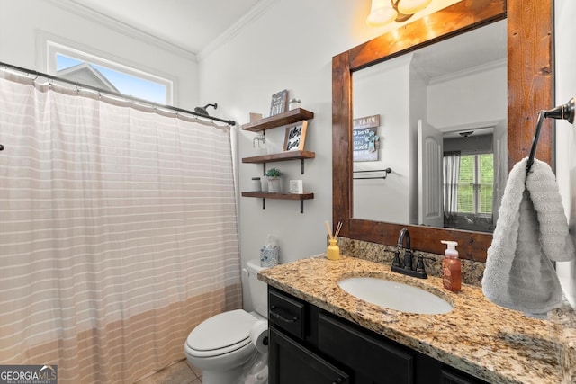 1050 Double Branches Ln, Dallas, GA 30132 - full bathroom featuring crown molding, toilet, vanity, and a shower with curtain