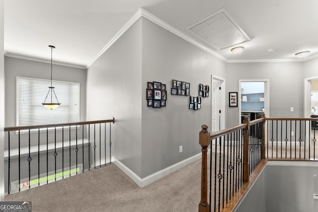 1050 Double Branches Ln, Dallas, GA 30132 - corridor featuring attic access, an upstairs landing, carpet floors, baseboards, and crown molding