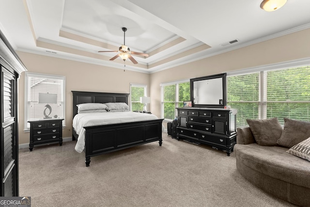1050 Double Branches Ln, Dallas, GA 30132 - bedroom featuring light carpet, crown molding, a raised ceiling, and ceiling fan