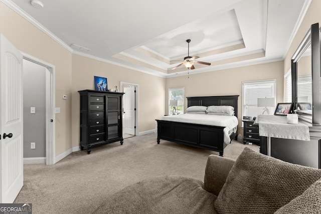 1050 Double Branches Ln, Dallas, GA 30132 - bedroom with light carpet, a raised ceiling, crown molding, baseboards, and ceiling fan