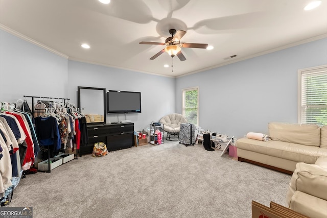 1050 Double Branches Ln, Dallas, GA 30132 - living room featuring ceiling fan, carpet, crown molding, and recessed lighting