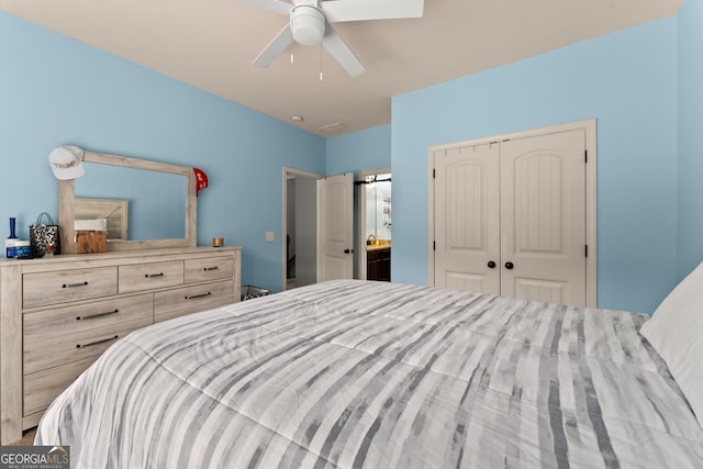 1050 Double Branches Ln, Dallas, GA 30132 - bedroom featuring a closet, ceiling fan, and ensuite bathroom