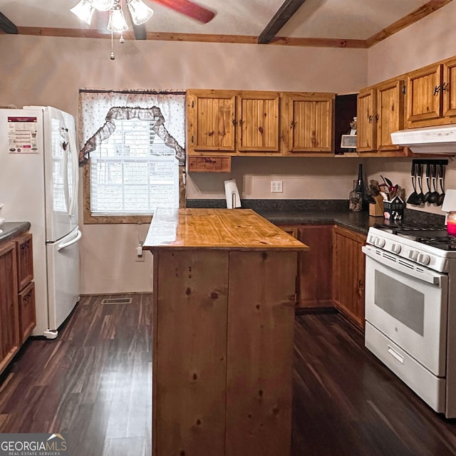 77 Hollow Log Path, Cleveland, GA 30528 - kitchen with white appliances, under cabinet range hood, ceiling fan, dark wood-type flooring, and brown cabinets