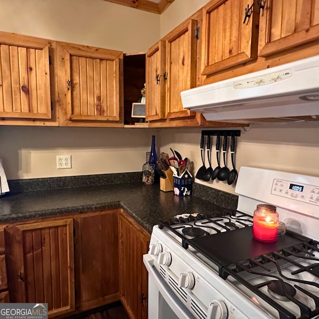 77 Hollow Log Path, Cleveland, GA 30528 - kitchen featuring white gas range oven, brown cabinets, under cabinet range hood, and dark countertops