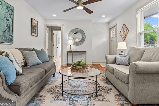 492 Clover St, Athens, GA 30606 - living area featuring ceiling fan, wood finished floors, recessed lighting, and baseboards