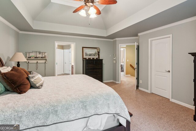 1320 Magnolia Park Cir, Cumming, GA 30040 - bedroom featuring light carpet, a raised ceiling, crown molding, and a ceiling fan