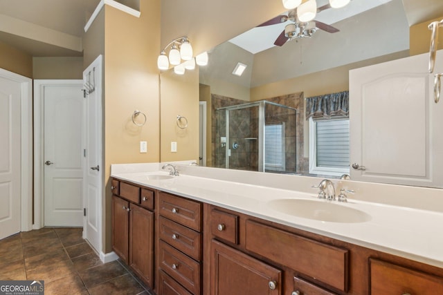 1320 Magnolia Park Cir, Cumming, GA 30040 - bathroom featuring ceiling fan, a stall shower, and double vanity