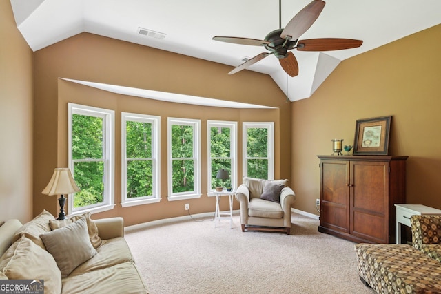 1320 Magnolia Park Cir, Cumming, GA 30040 - living area featuring vaulted ceiling, ceiling fan, and light colored carpet