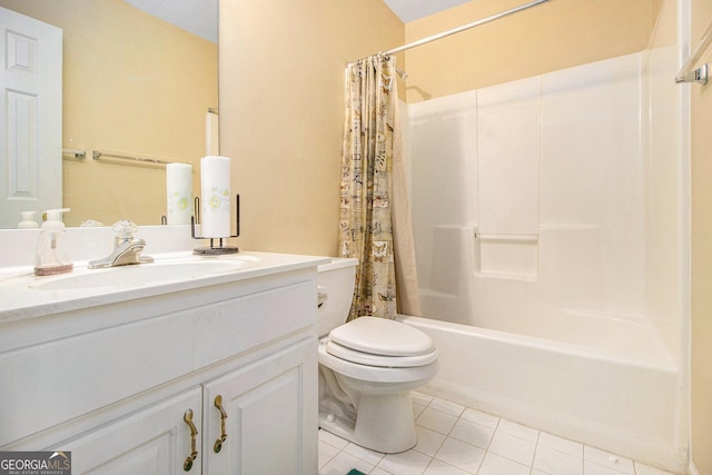 bathroom featuring tile patterned flooring, toilet, shower / tub combo, and vanity