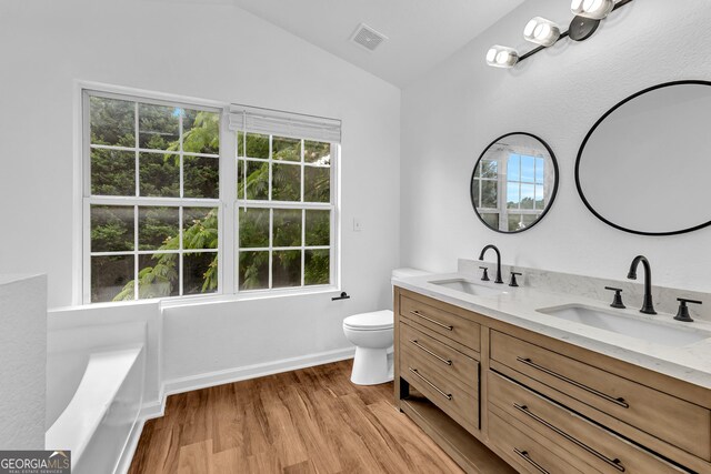 2849 Windsor Forrest Ct, Atlanta, GA 30349 - bathroom with vaulted ceiling, double vanity, wood finished floors, toilet, and baseboards