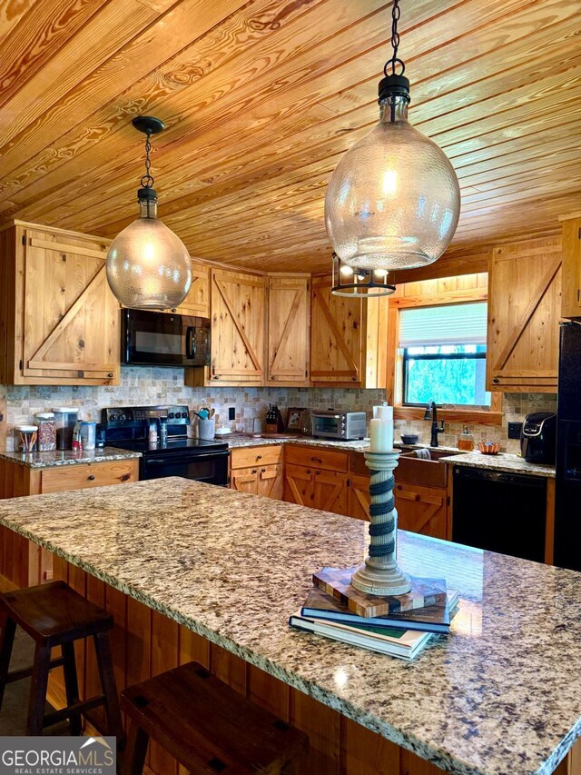 570 July Rd, Rochelle, GA 31079 - kitchen with black appliances, wooden ceiling, a sink, and tasteful backsplash