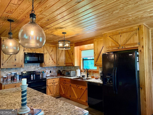 570 July Rd, Rochelle, GA 31079 - kitchen with black appliances, a sink, wooden ceiling, tasteful backsplash, and pendant lighting