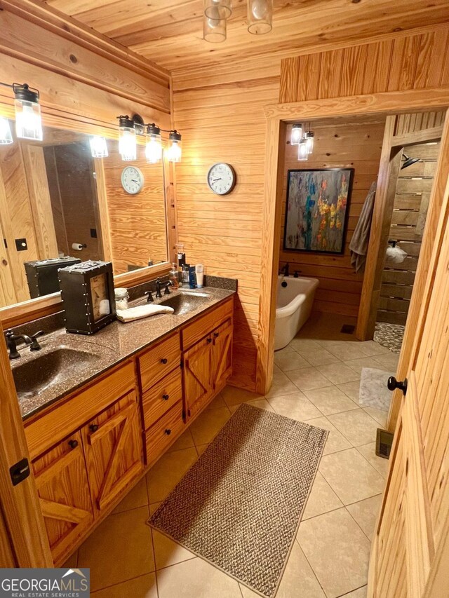 570 July Rd, Rochelle, GA 31079 - bathroom featuring wooden walls, a bidet, double vanity, wood ceiling, and tile patterned floors