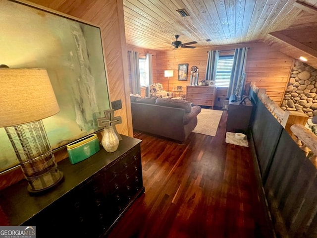 570 July Rd, Rochelle, GA 31079 - living area featuring wooden walls, wood ceiling, wood finished floors, and ceiling fan