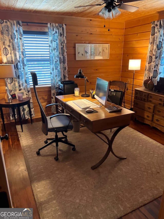 570 July Rd, Rochelle, GA 31079 - office area with wood finished floors, a ceiling fan, wood ceiling, and wooden walls