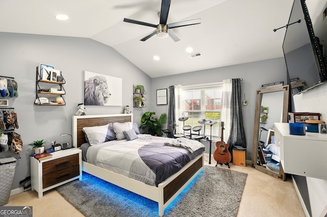 100 Chadwick Pl, Villa Rica, GA 30180 - bedroom featuring vaulted ceiling, light carpet, ceiling fan, and recessed lighting