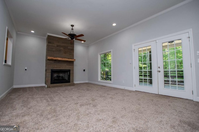 319 Stonebridge Blvd, Bremen, GA 30110 - unfurnished living room with crown molding, french doors, a ceiling fan, recessed lighting, and baseboards