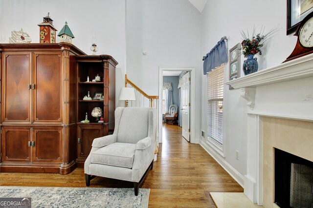 315 Antebellum Way, Fayetteville, GA 30215 - living area featuring a fireplace with flush hearth, light wood-style floors, baseboards, and high vaulted ceiling