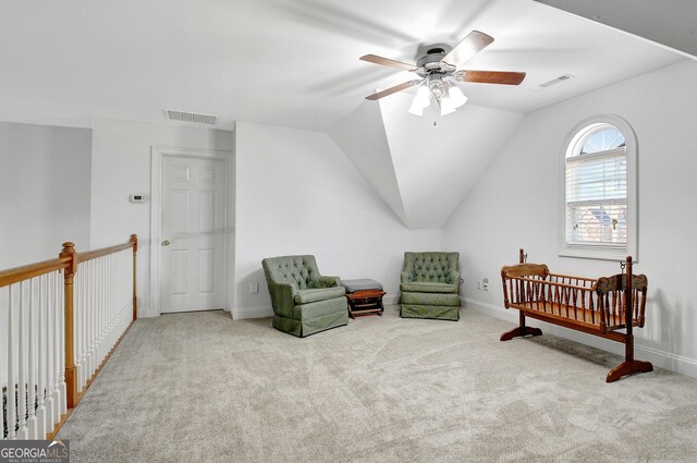 315 Antebellum Way, Fayetteville, GA 30215 - living area with carpet flooring, a ceiling fan, baseboards, and lofted ceiling
